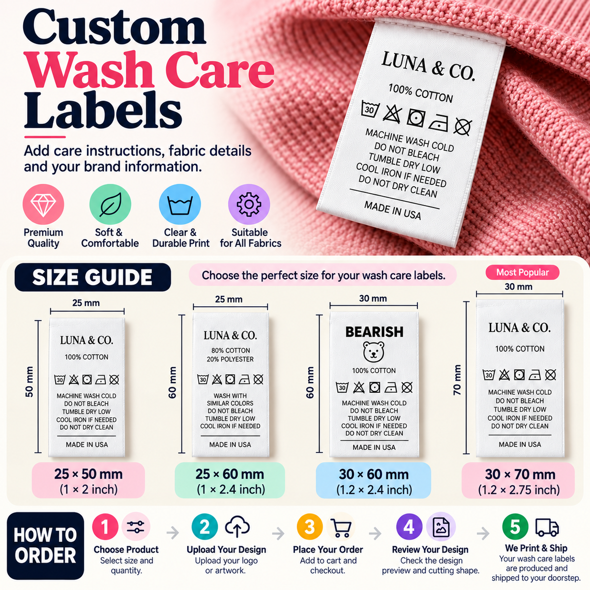 Custom Wash Care Labels for Clothing